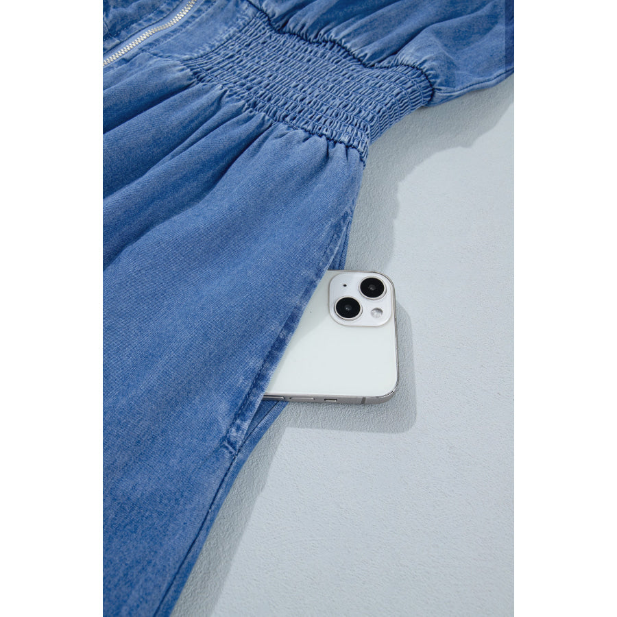 Blue V Neck Shirred Waist Metal Zipper Denim Midi Dress Dresses/Midi Dresses