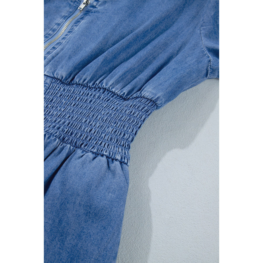 Blue V Neck Shirred Waist Metal Zipper Denim Midi Dress Dresses/Midi Dresses