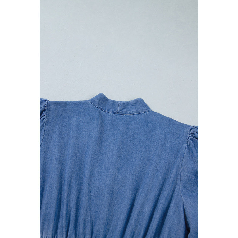 Blue V Neck Shirred Waist Metal Zipper Denim Midi Dress Dresses/Midi Dresses