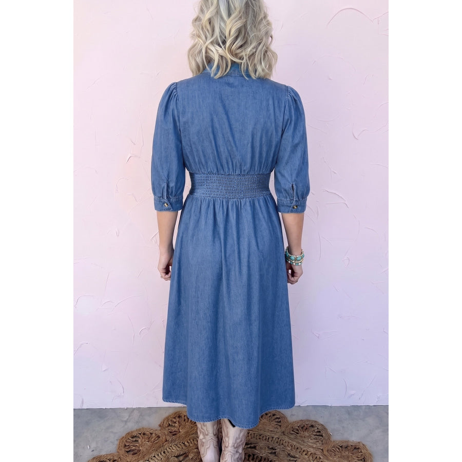 Blue V Neck Shirred Waist Metal Zipper Denim Midi Dress Dresses/Midi Dresses