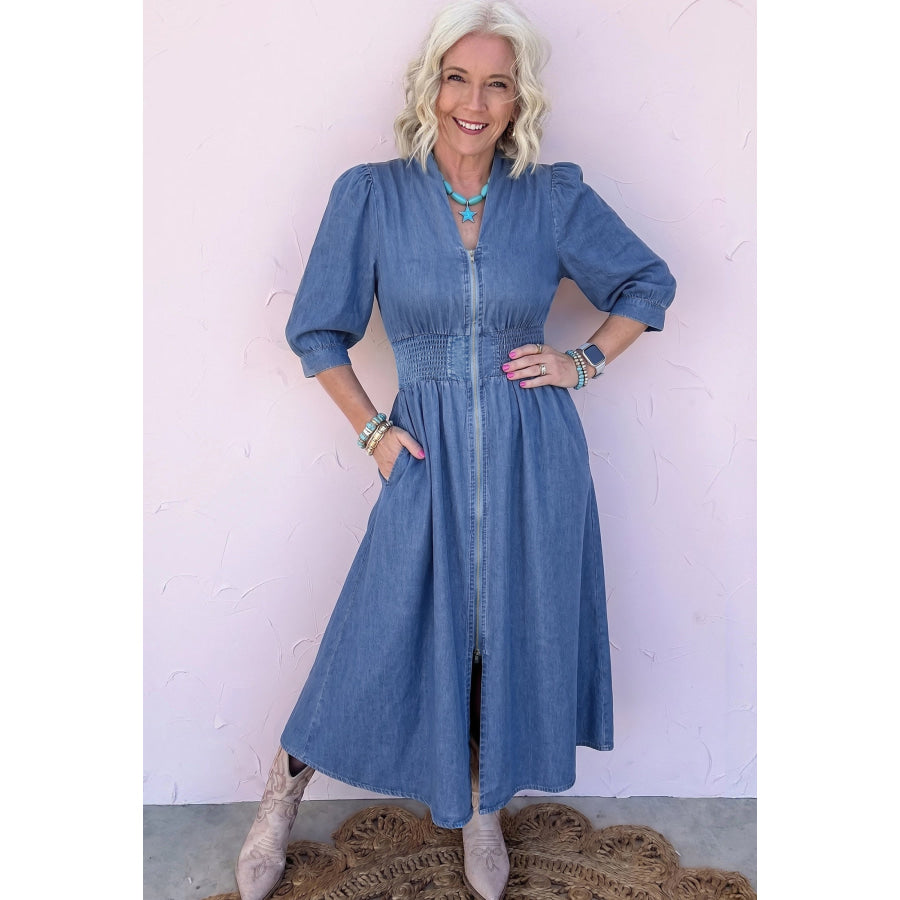 Blue V Neck Shirred Waist Metal Zipper Denim Midi Dress Dresses/Midi Dresses