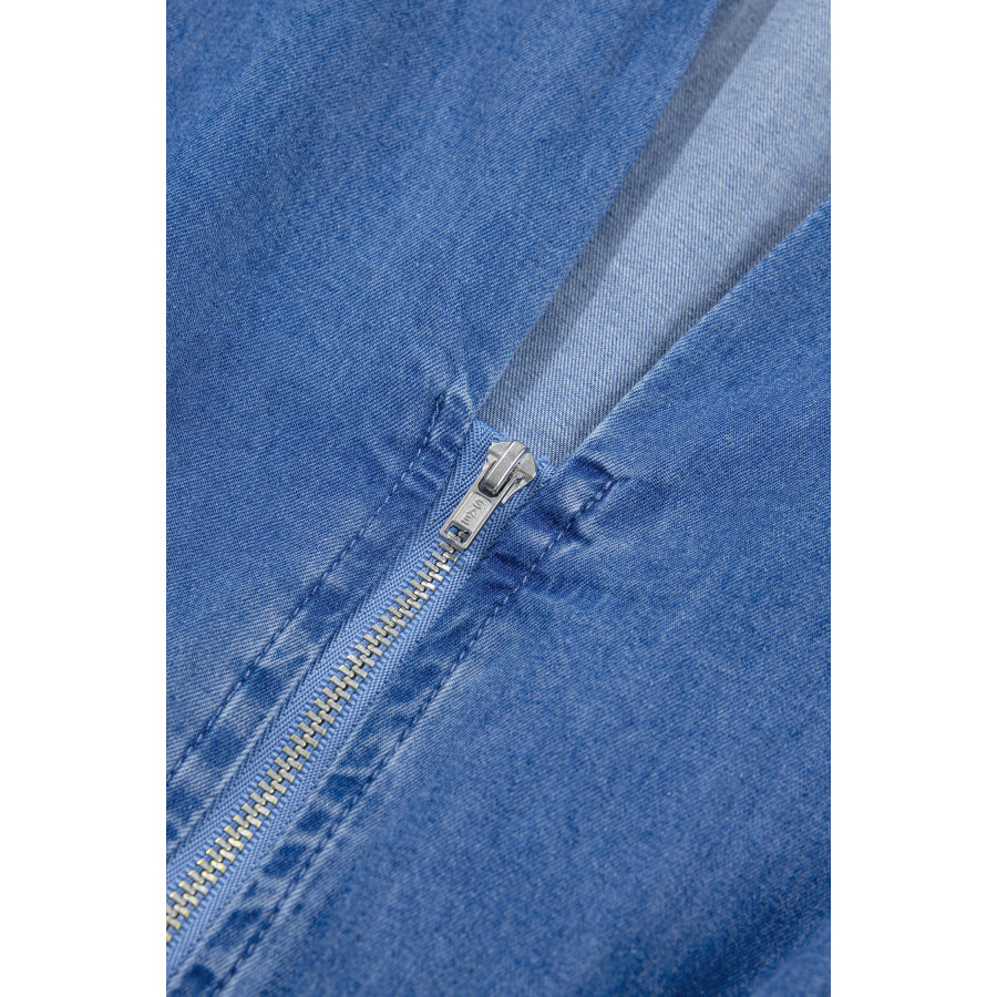 Blue V Neck Shirred Waist Metal Zipper Denim Midi Dress Dresses/Midi Dresses