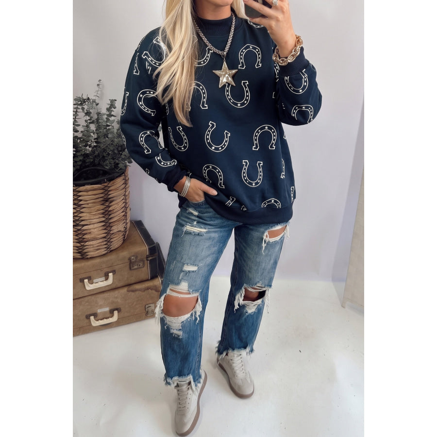Blue Western Horseshoe Print Mock Neck Casual Pullover Sweatshirt / S Tops/Sweatshirts & Hoodies