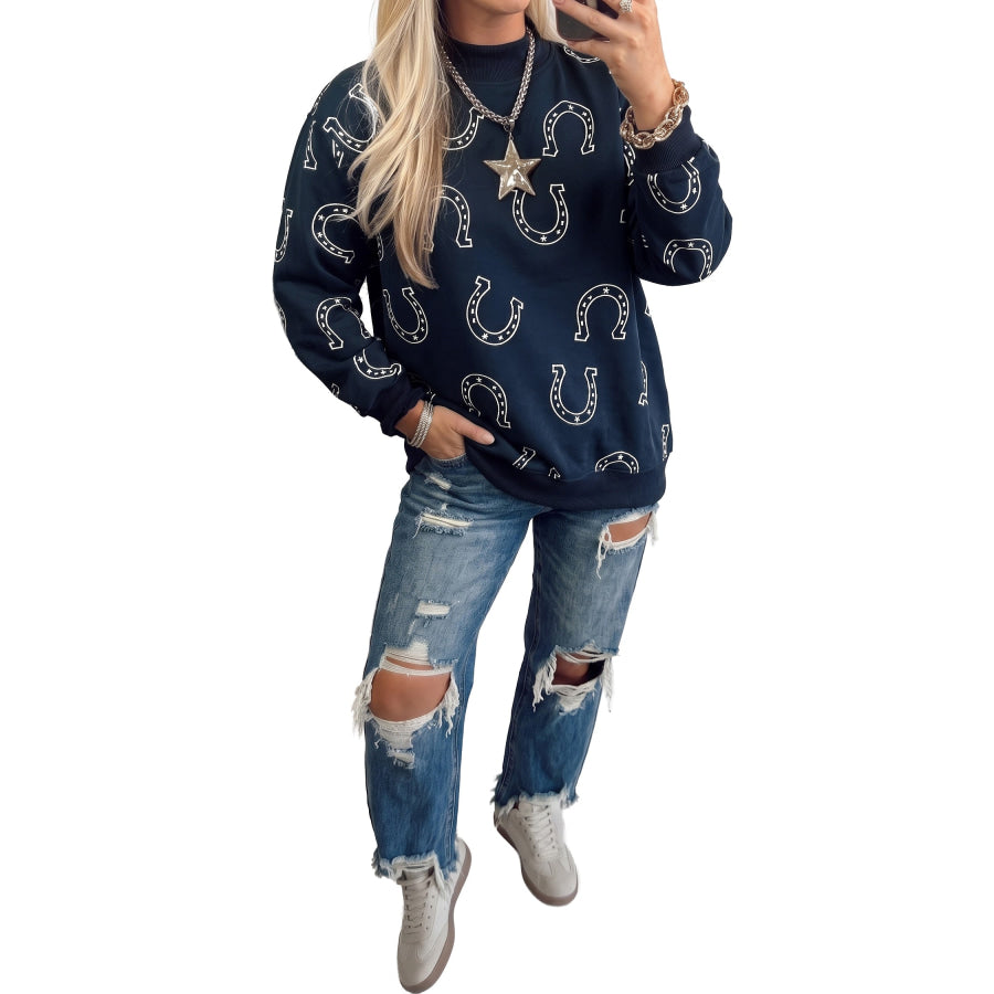 Blue Western Horseshoe Print Mock Neck Casual Pullover Sweatshirt / S Tops/Sweatshirts & Hoodies