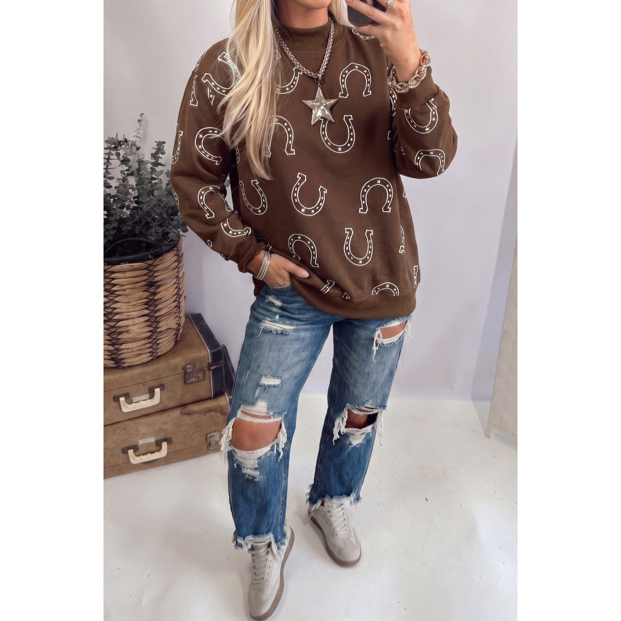 Blue Western Horseshoe Print Mock Neck Casual Pullover Sweatshirt Tops/Sweatshirts & Hoodies