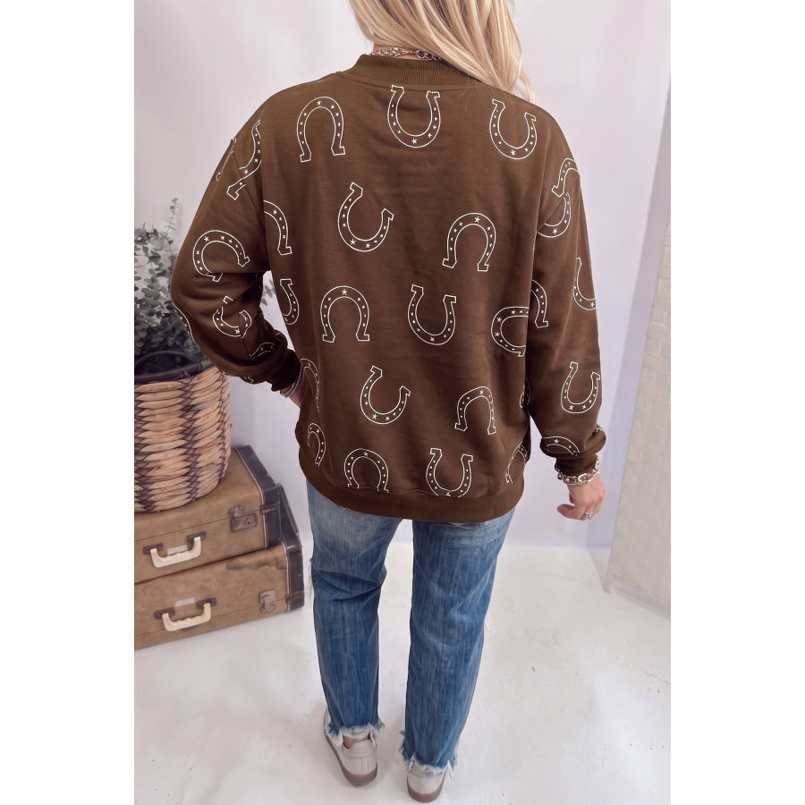 Blue Western Horseshoe Print Mock Neck Casual Pullover Sweatshirt Tops/Sweatshirts & Hoodies