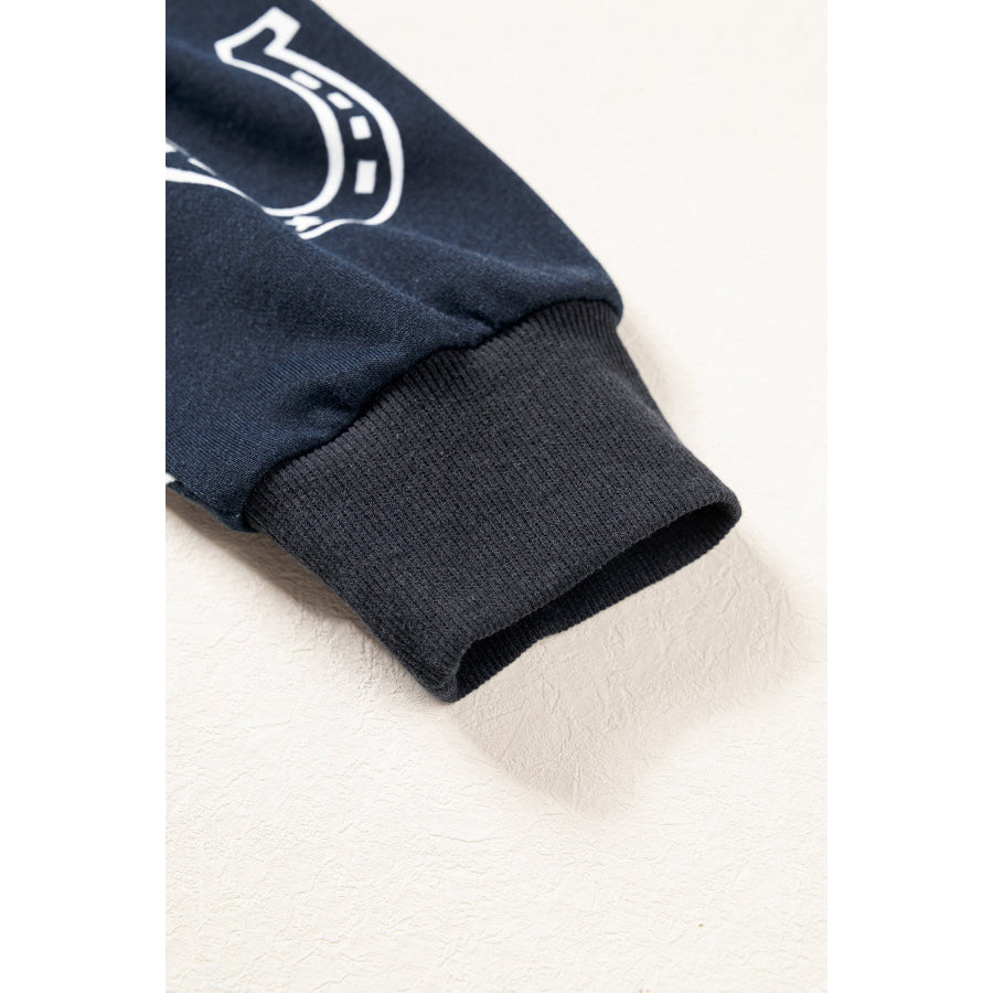 Blue Western Horseshoe Print Mock Neck Casual Pullover Sweatshirt Tops/Sweatshirts & Hoodies