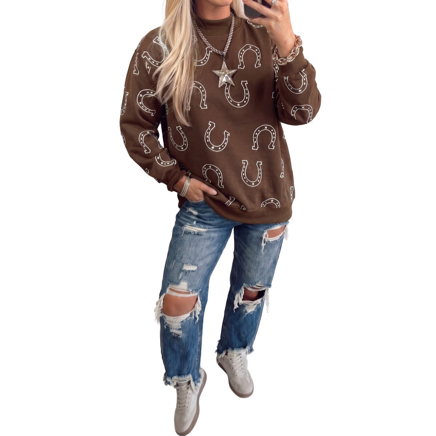 Blue Western Horseshoe Print Mock Neck Casual Pullover Sweatshirt Tops/Sweatshirts & Hoodies