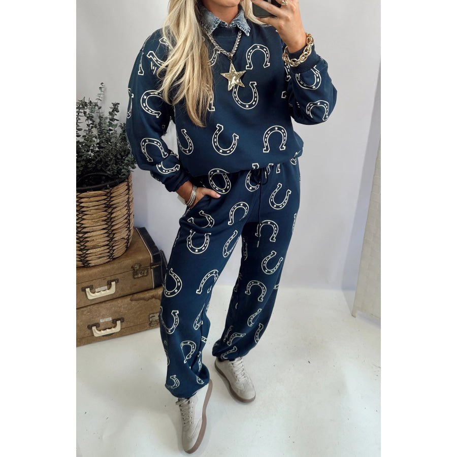 Blue Western Print Elastic Waist Pocket 2pcs Pant Set Blue / S / 100% Polyester Two Piece Sets/Pant Sets