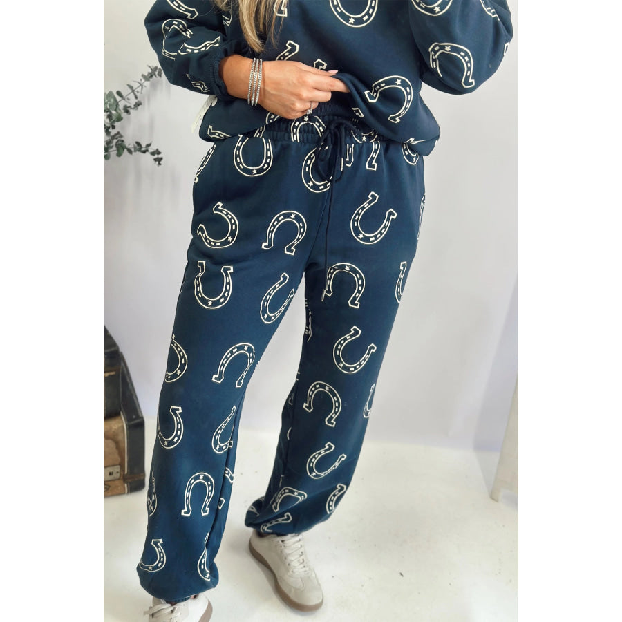 Blue Western Print Elastic Waist Pocket 2pcs Pant Set Two Piece Sets/Pant Sets