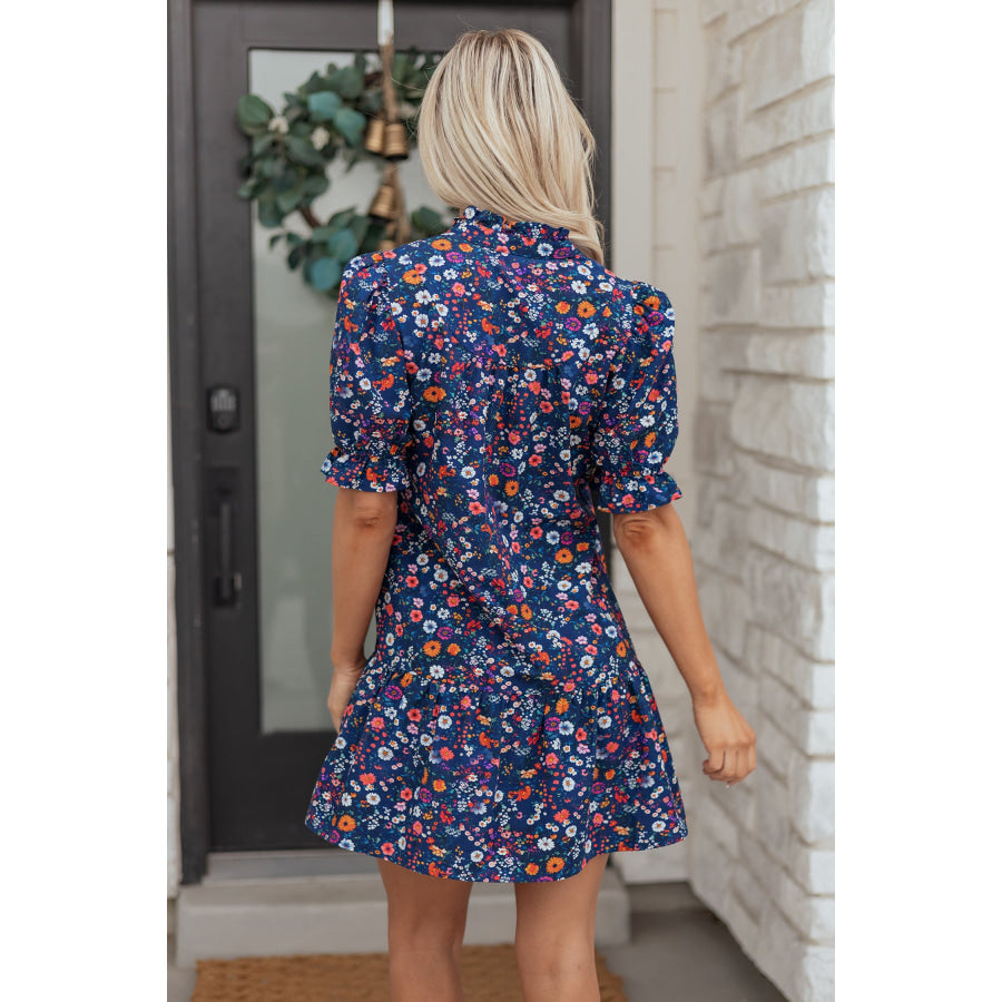 Blue Wild Daisy Floral Split Neck Short Puff Sleeve Mini Dress Dresses/Floral Dresses