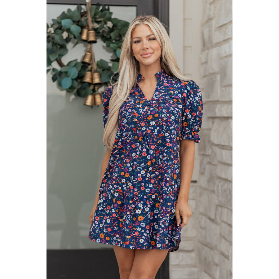 Blue Wild Daisy Floral Split Neck Short Puff Sleeve Mini Dress Dresses/Floral Dresses