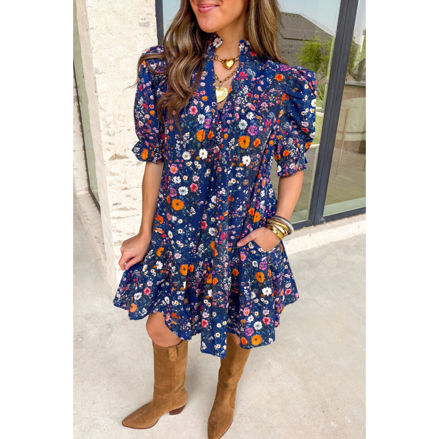Blue Wild Daisy Floral Split Neck Short Puff Sleeve Mini Dress Dresses/Floral Dresses