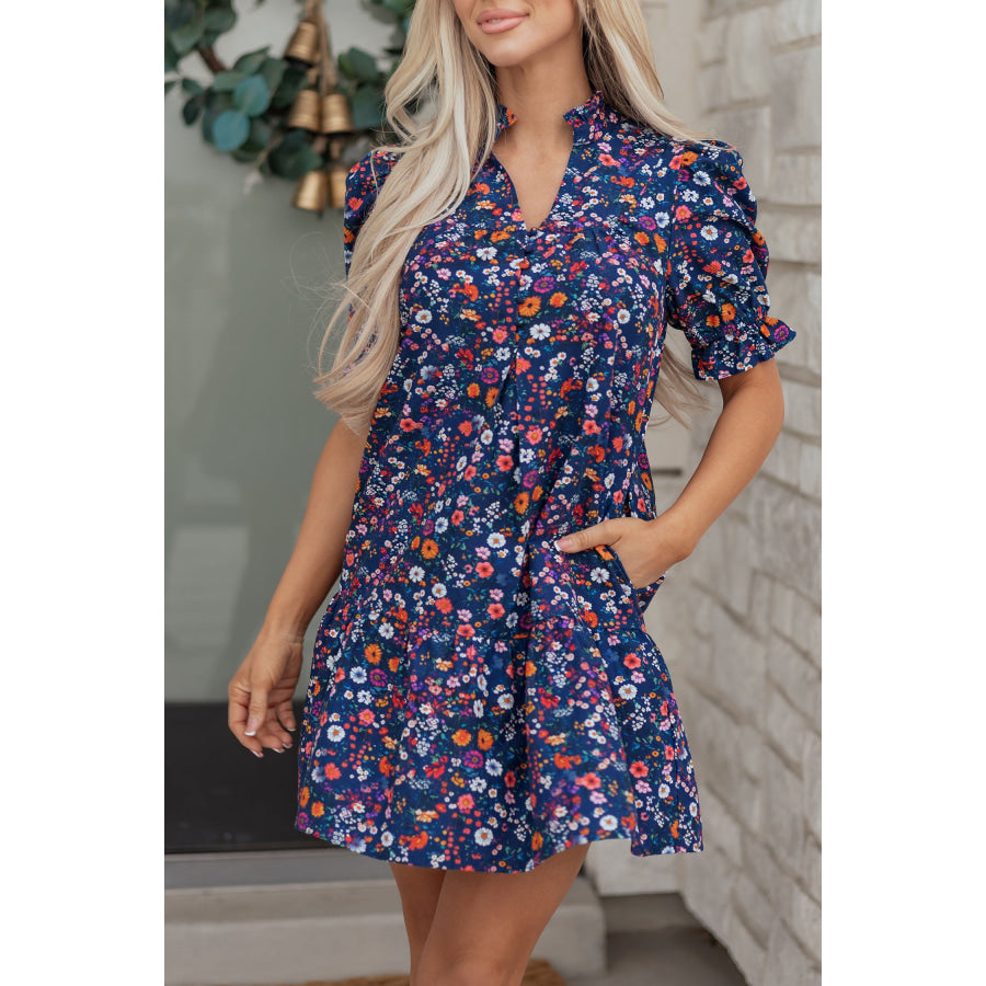 Blue Wild Daisy Floral Split Neck Short Puff Sleeve Mini Dress Dresses/Floral Dresses