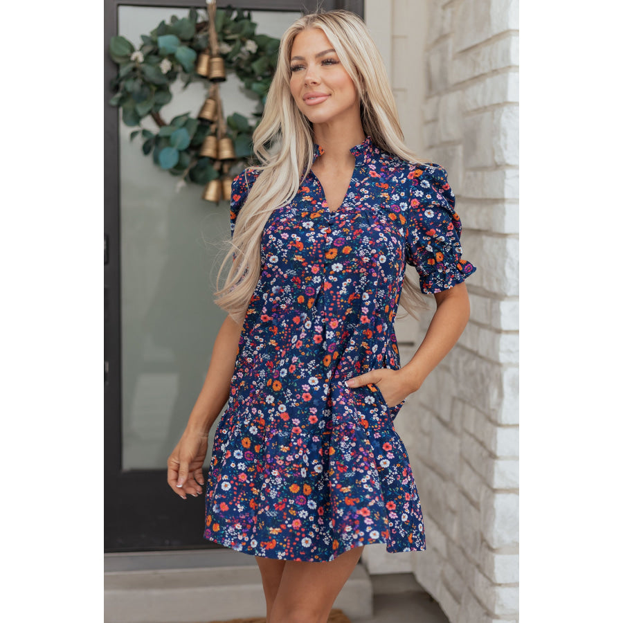 Blue Wild Daisy Floral Split Neck Short Puff Sleeve Mini Dress Blue / S / 55% Cotton + 45% Viscose Dresses/Floral Dresses