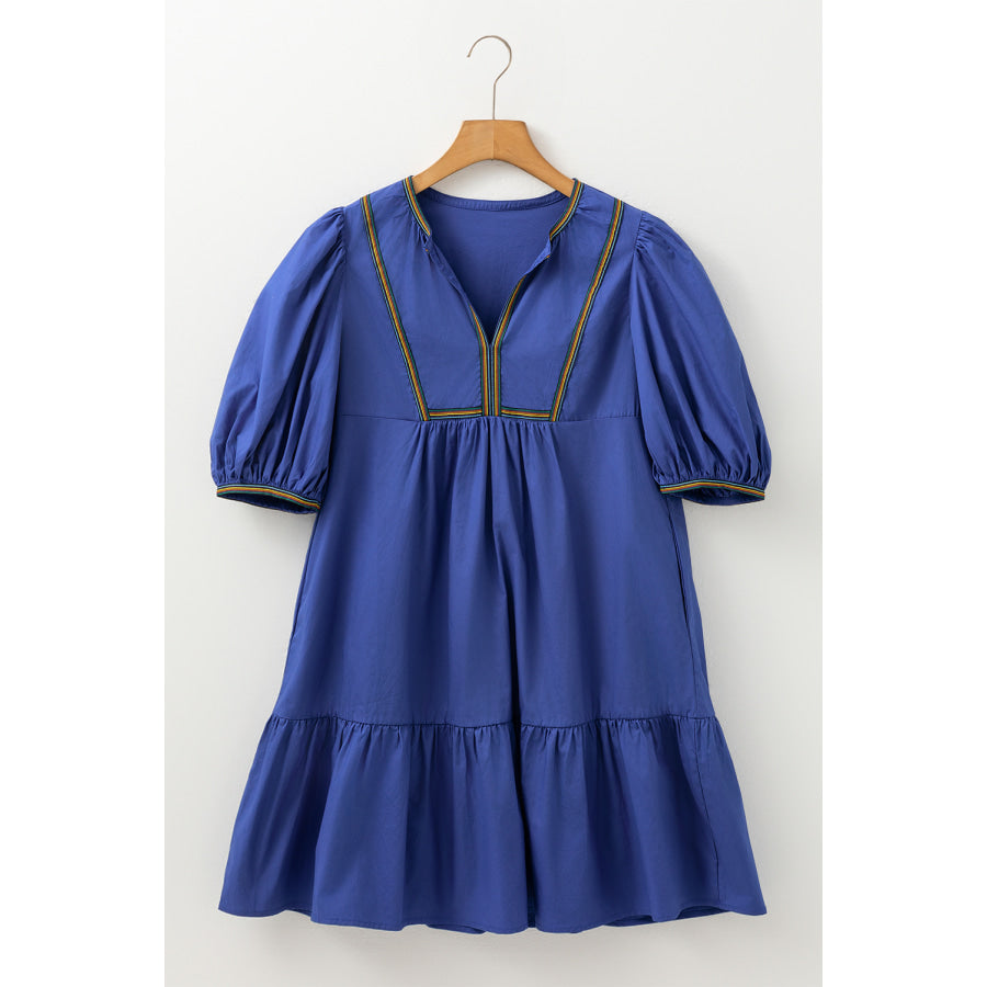 Bluing Colorful Striped Trim Puff Sleeve Pleated Mini Dress Dresses/Mini Dresses