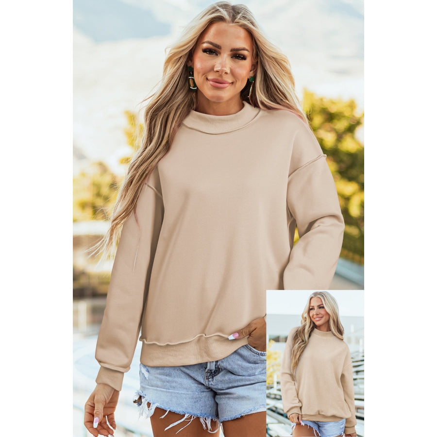 Bluing Oversize Drop Shoulder Reversible Mock Neck Sweatshirt Apricot / S / 65% Polyester + 35% Cotton Tops/Sweatshirts & Hoodies