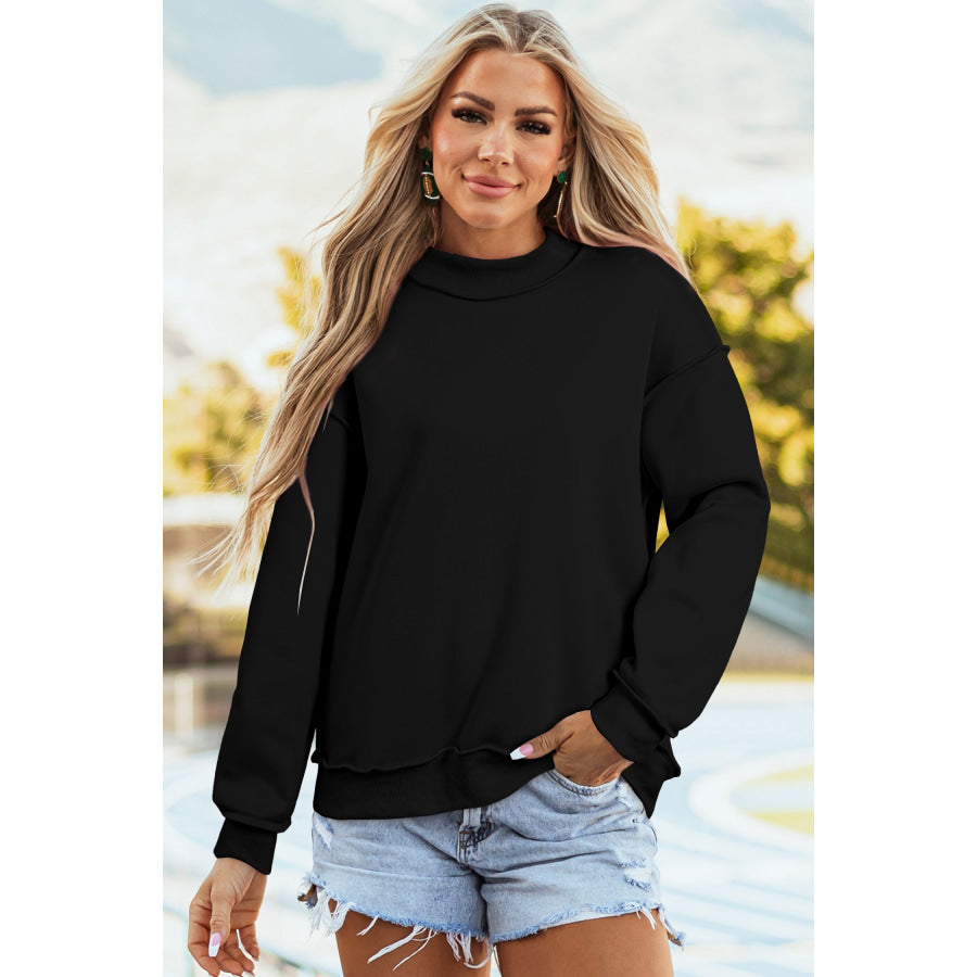 Bluing Oversize Drop Shoulder Reversible Mock Neck Sweatshirt Black / S / 65% Polyester + 35% Cotton Tops/Sweatshirts & Hoodies