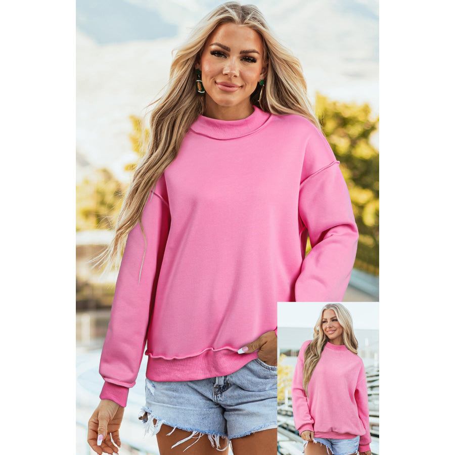 Bluing Oversize Drop Shoulder Reversible Mock Neck Sweatshirt Bright Pink / S / 65% Polyester + 35% Cotton Tops/Sweatshirts & Hoodies