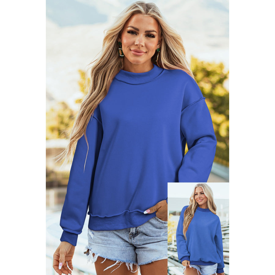 Bluing Oversize Drop Shoulder Reversible Mock Neck Sweatshirt Dark Blue / S / 65% Polyester + 35% Cotton Tops/Sweatshirts & Hoodies