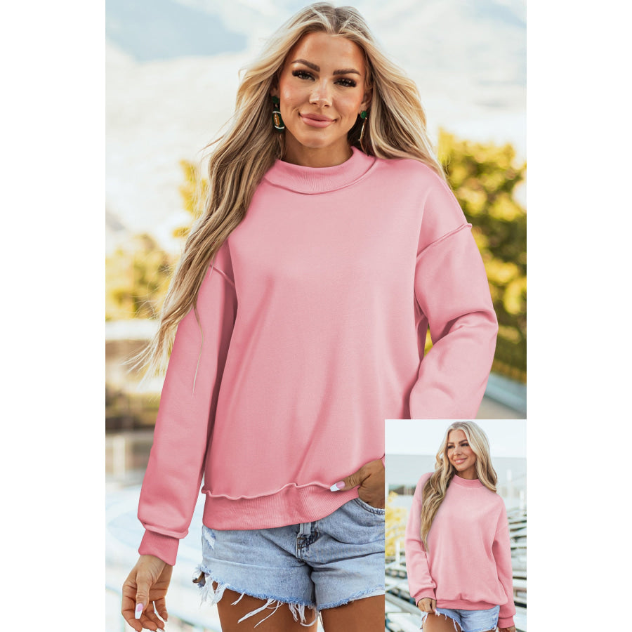 Bluing Oversize Drop Shoulder Reversible Mock Neck Sweatshirt Light Pink / S / 65% Polyester + 35% Cotton Tops/Sweatshirts & Hoodies
