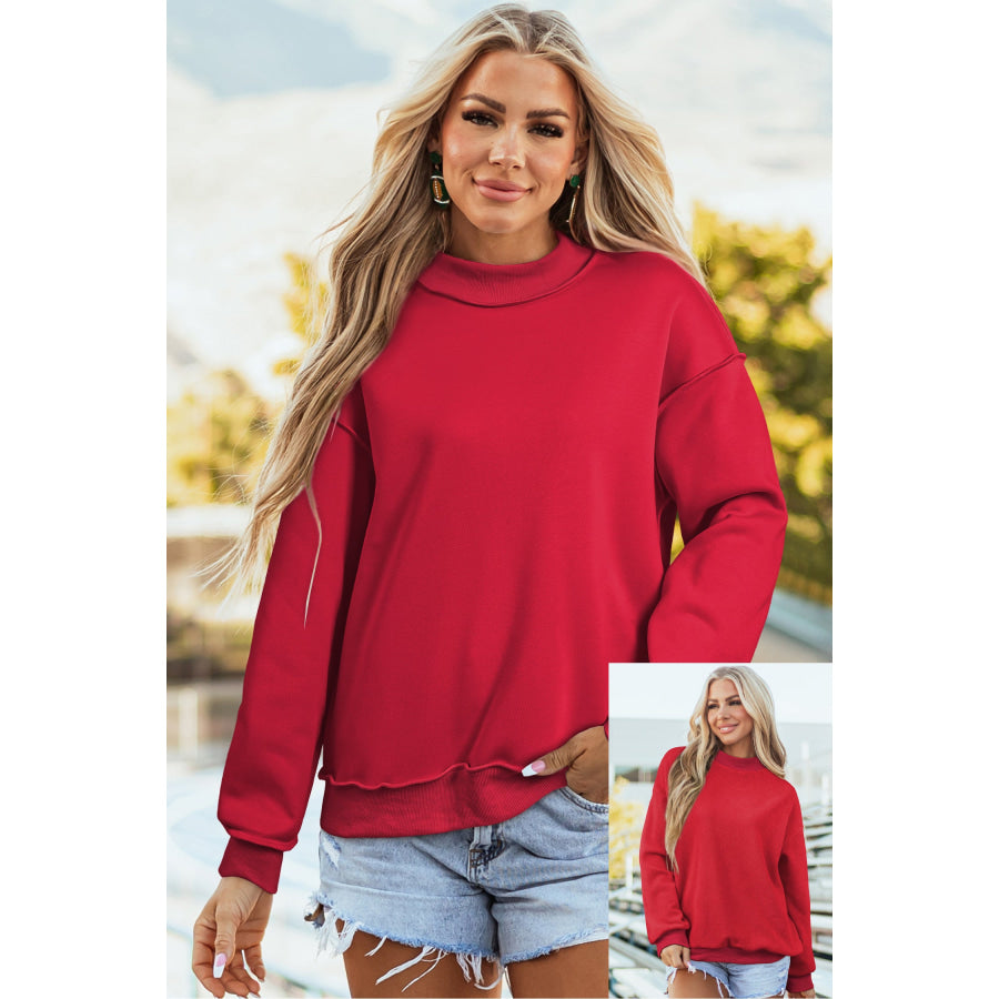 Bluing Oversize Drop Shoulder Reversible Mock Neck Sweatshirt Racing Red / S / 65% Polyester + 35% Cotton Tops/Sweatshirts & Hoodies