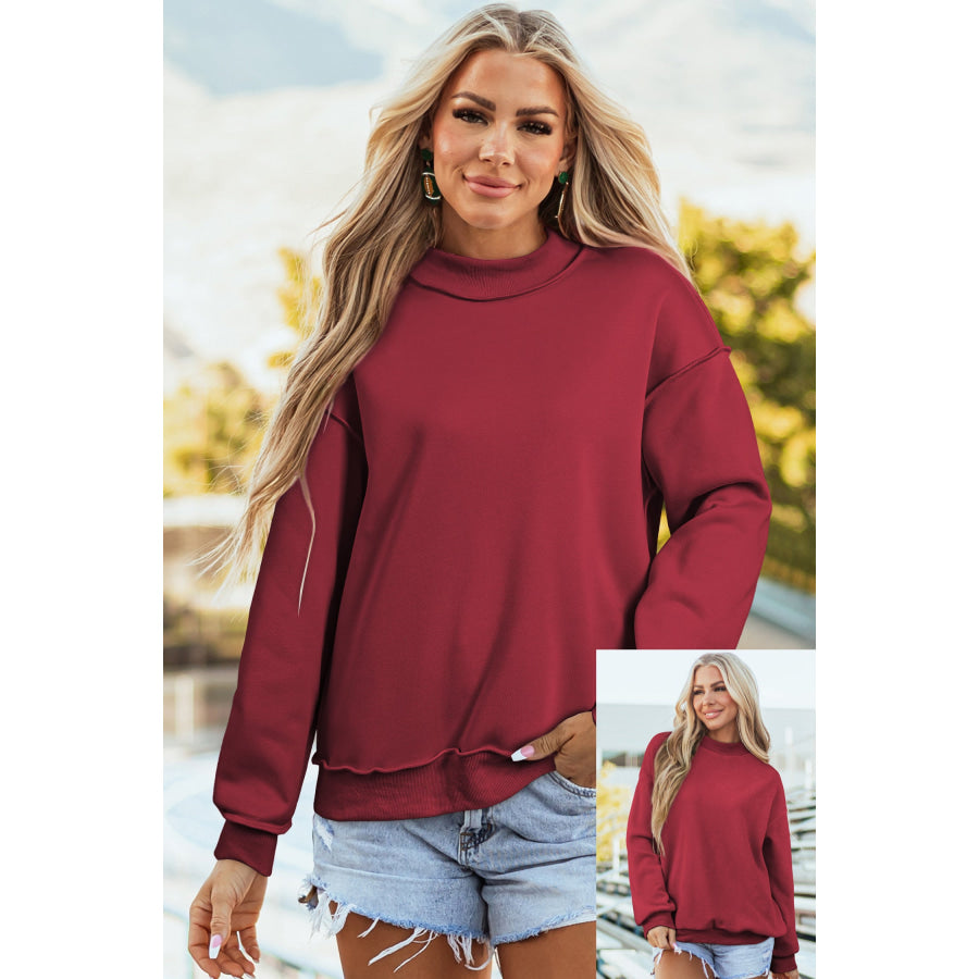 Bluing Oversize Drop Shoulder Reversible Mock Neck Sweatshirt Red Dahlia / S / 65% Polyester + 35% Cotton Tops/Sweatshirts & Hoodies