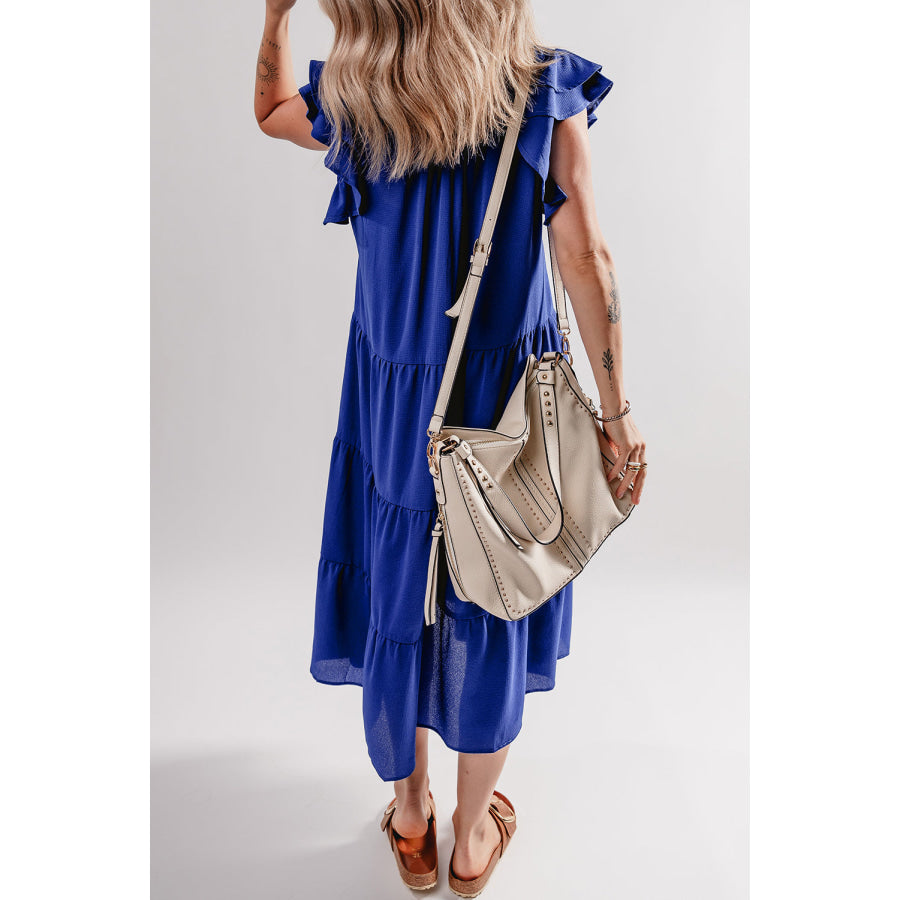 Bluing Ruffled Short Sleeve Collared V Neck Tiered Midi Dress Bluing / S / 100% Polyester Dresses/Midi Dresses