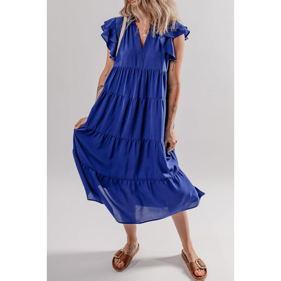 Bluing Ruffled Short Sleeve Collared V Neck Tiered Midi Dress Bluing / S / 100% Polyester Dresses/Midi Dresses