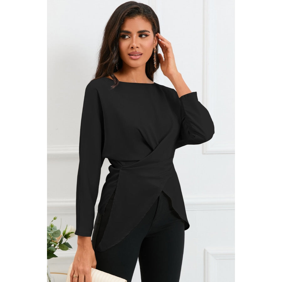 Boat Neck Back Tie Long Sleeve Satin Blouse Black / S