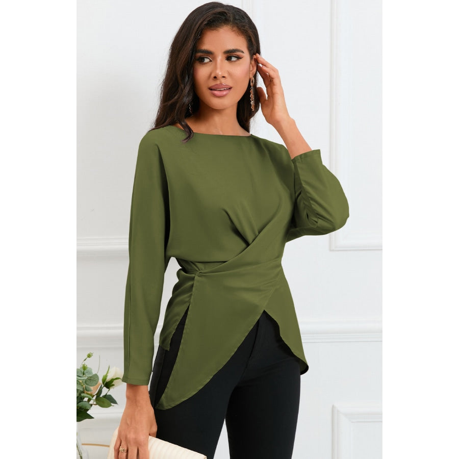 Boat Neck Back Tie Long Sleeve Satin Blouse Matcha Green / S