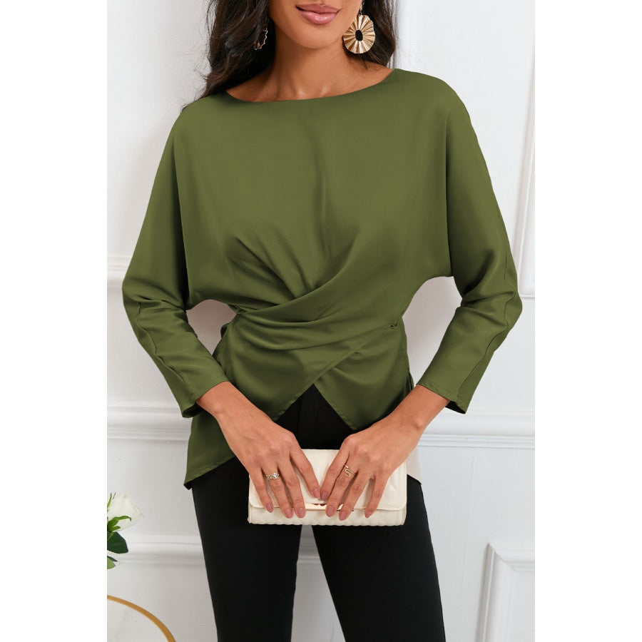 Boat Neck Back Tie Long Sleeve Satin Blouse