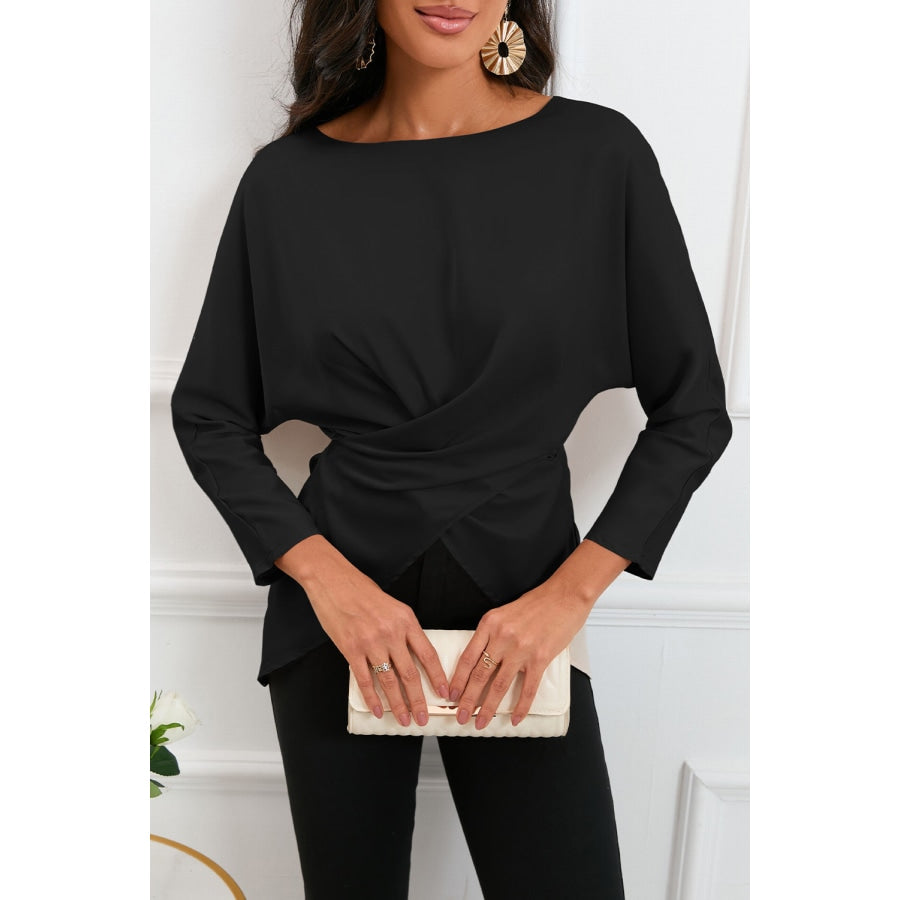 Boat Neck Back Tie Long Sleeve Satin Blouse