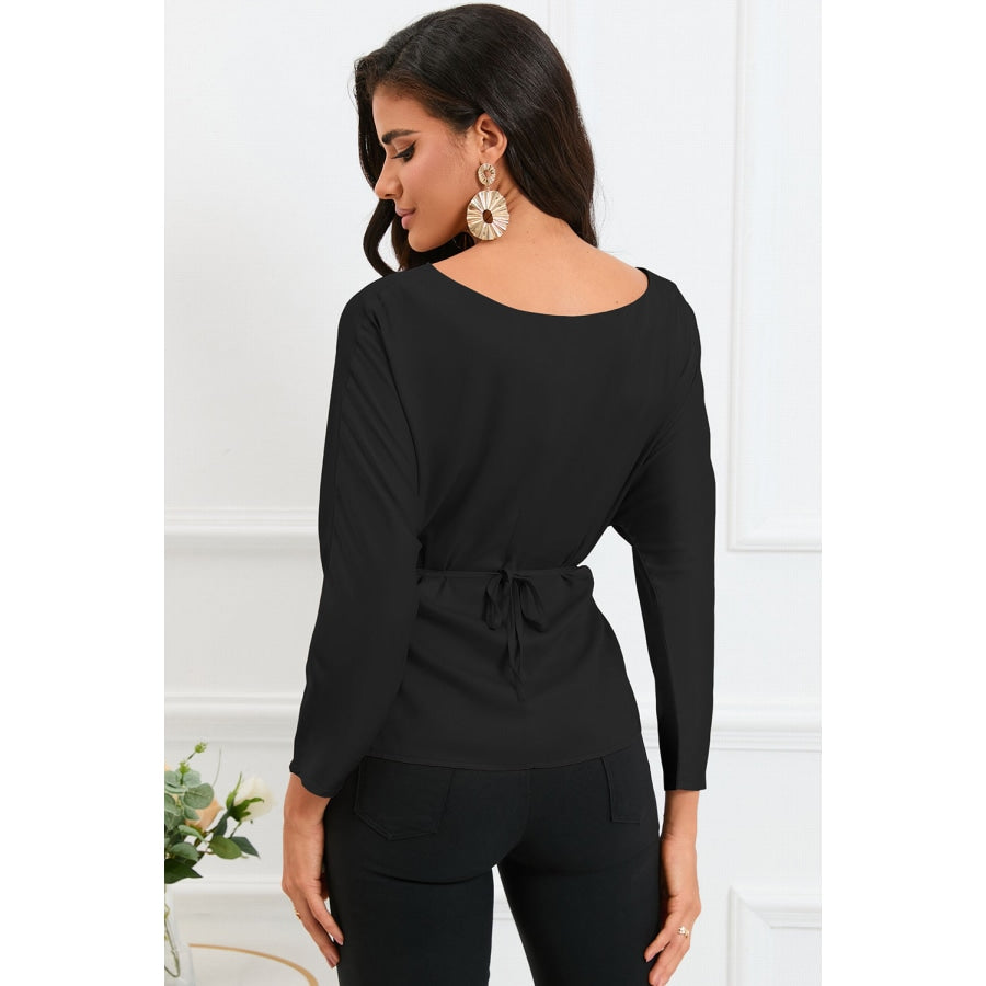 Boat Neck Back Tie Long Sleeve Satin Blouse Black / S