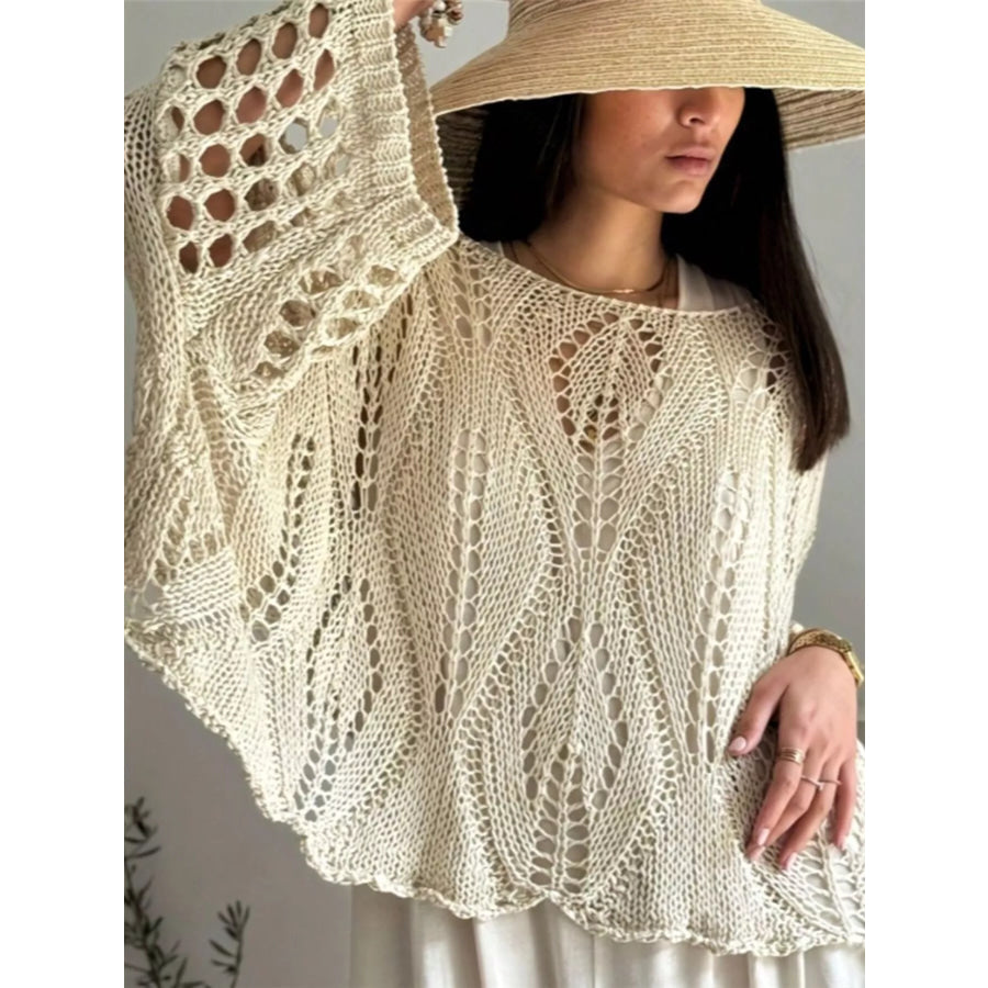 Boat Neck Crochet Knit Cover Up Apricot / S Apparel and Accessories