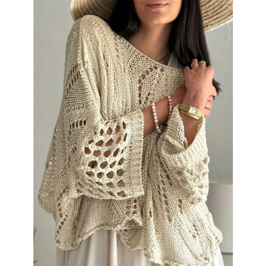 Boat Neck Crochet Knit Cover Up Apricot / S Apparel and Accessories