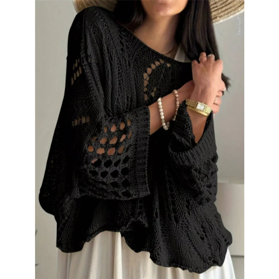 Boat Neck Crochet Knit Cover Up Black / S Apparel and Accessories