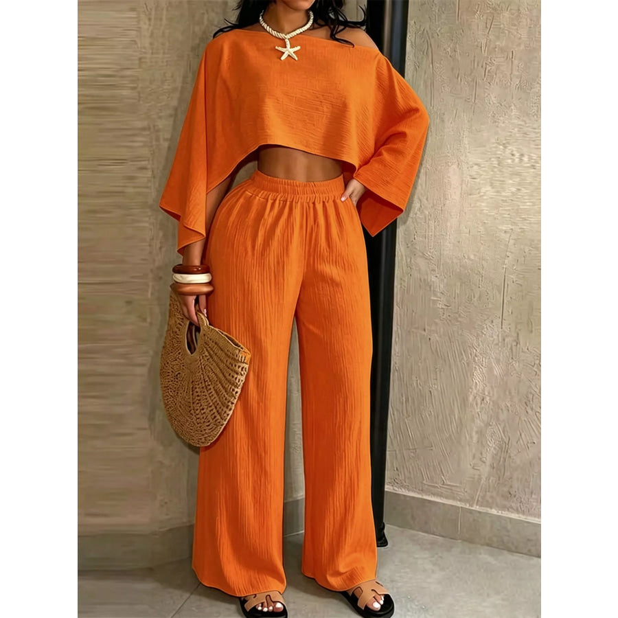 Boat Neck Crop Top and Wide-Leg Pants Set Orange / S Apparel Accessories