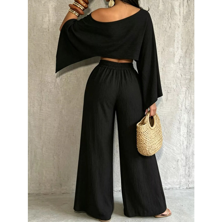 Boat Neck Crop Top and Wide-Leg Pants Set Apparel Accessories