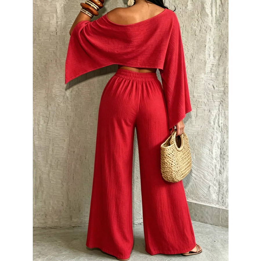 Boat Neck Crop Top and Wide-Leg Pants Set Apparel Accessories