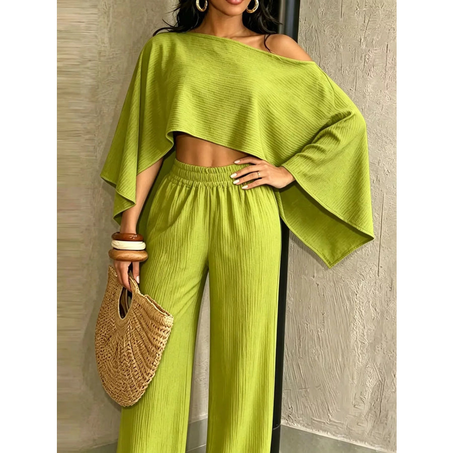 Boat Neck Crop Top and Wide-Leg Pants Set Apparel Accessories