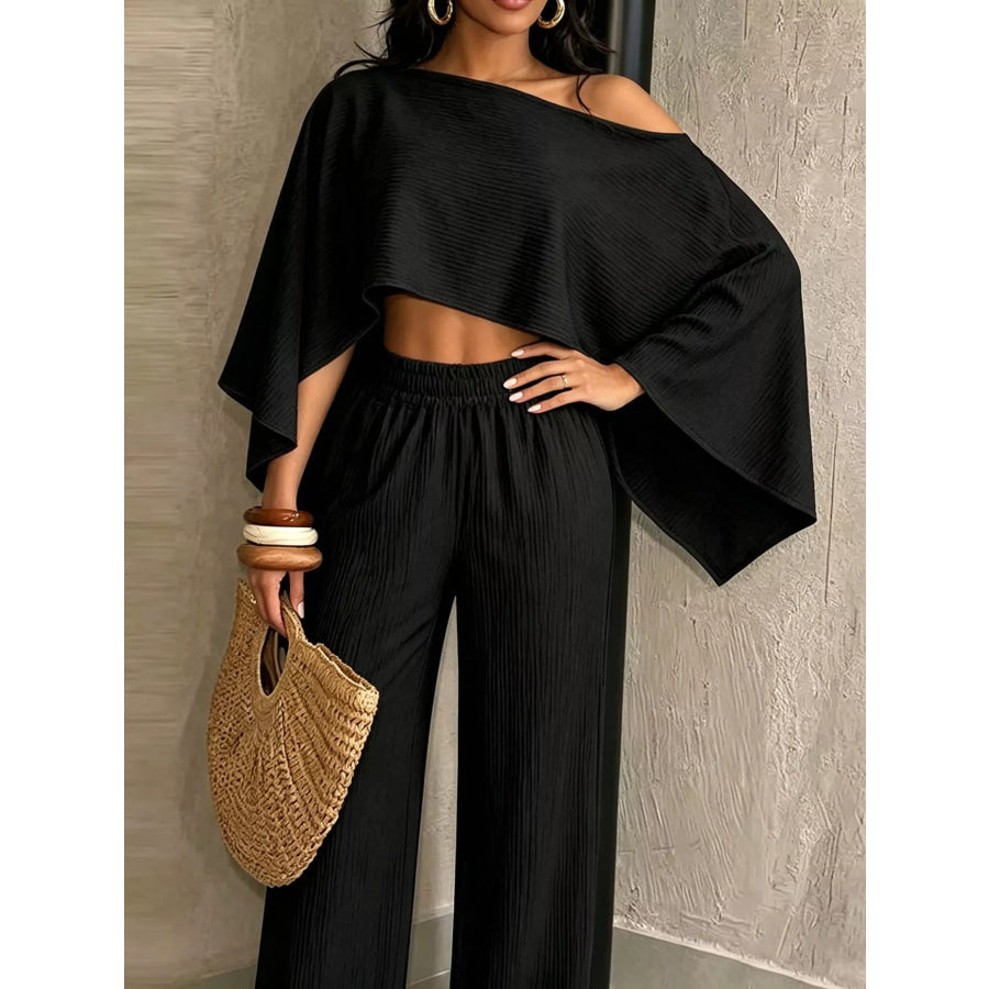 Boat Neck Crop Top and Wide-Leg Pants Set Apparel Accessories