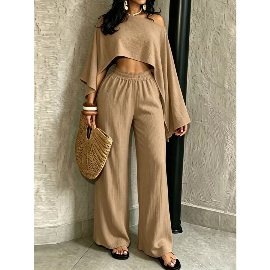 Boat Neck Crop Top and Wide-Leg Pants Set Apparel Accessories