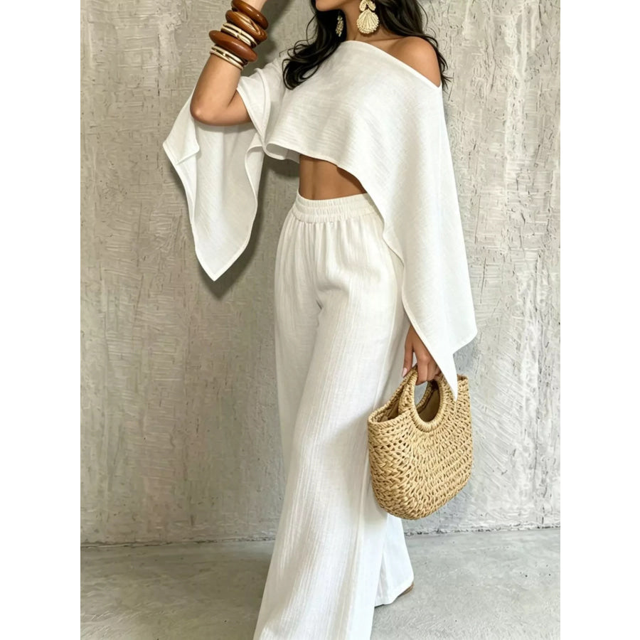 Boat Neck Crop Top and Wide-Leg Pants Set Apparel Accessories