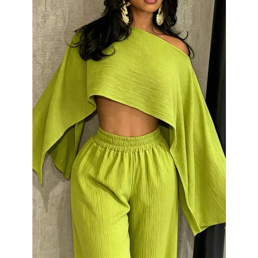 Boat Neck Crop Top and Wide-Leg Pants Set Apparel Accessories