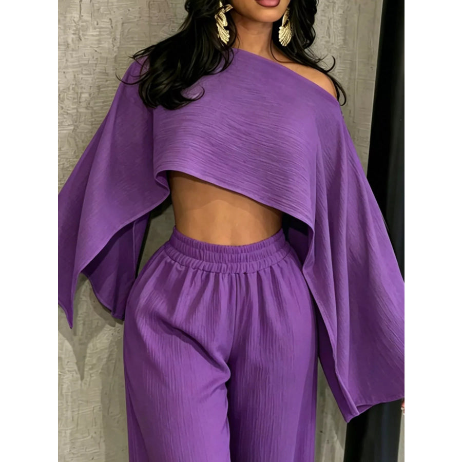 Boat Neck Crop Top and Wide-Leg Pants Set Apparel Accessories