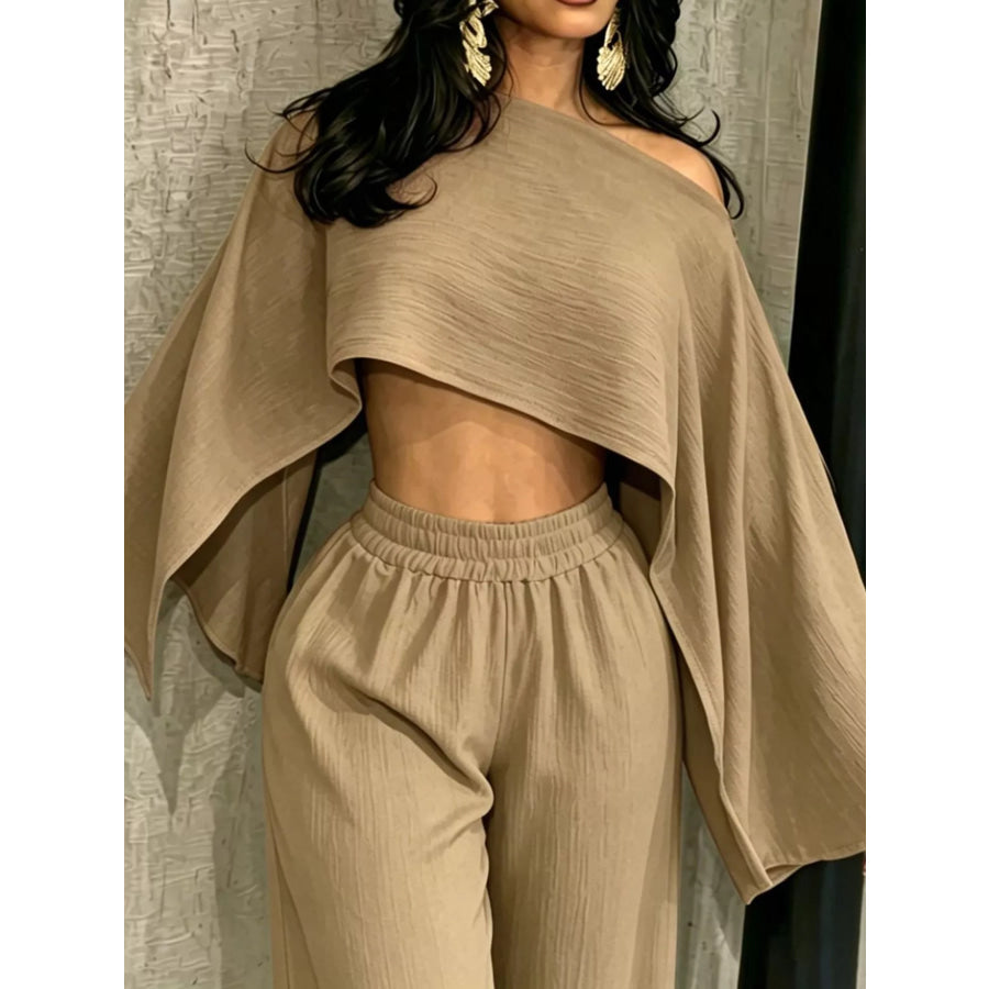 Boat Neck Crop Top and Wide-Leg Pants Set Apparel Accessories