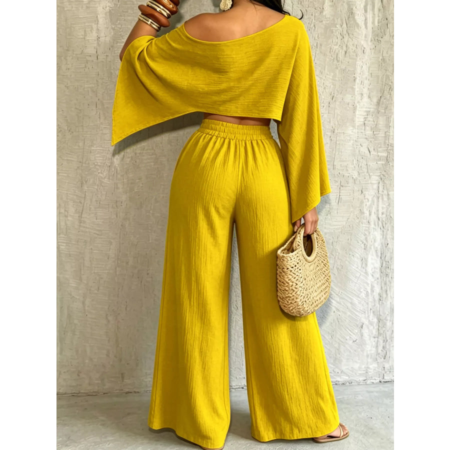 Boat Neck Crop Top and Wide-Leg Pants Set Apparel Accessories