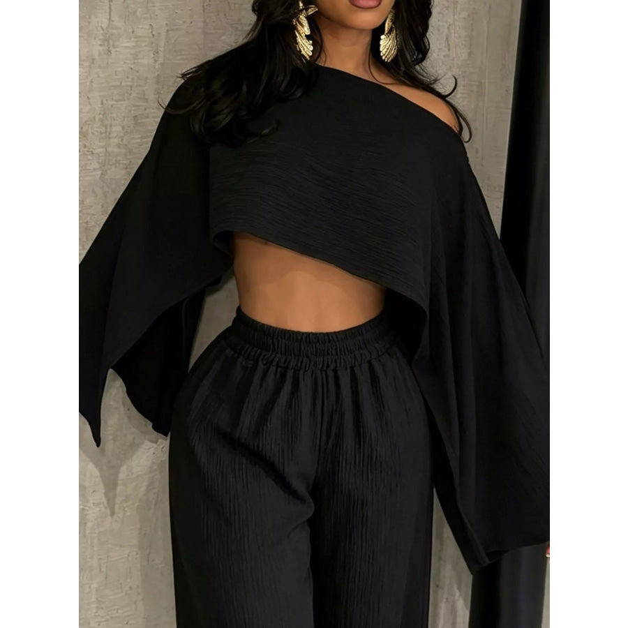 Boat Neck Crop Top and Wide-Leg Pants Set Apparel Accessories