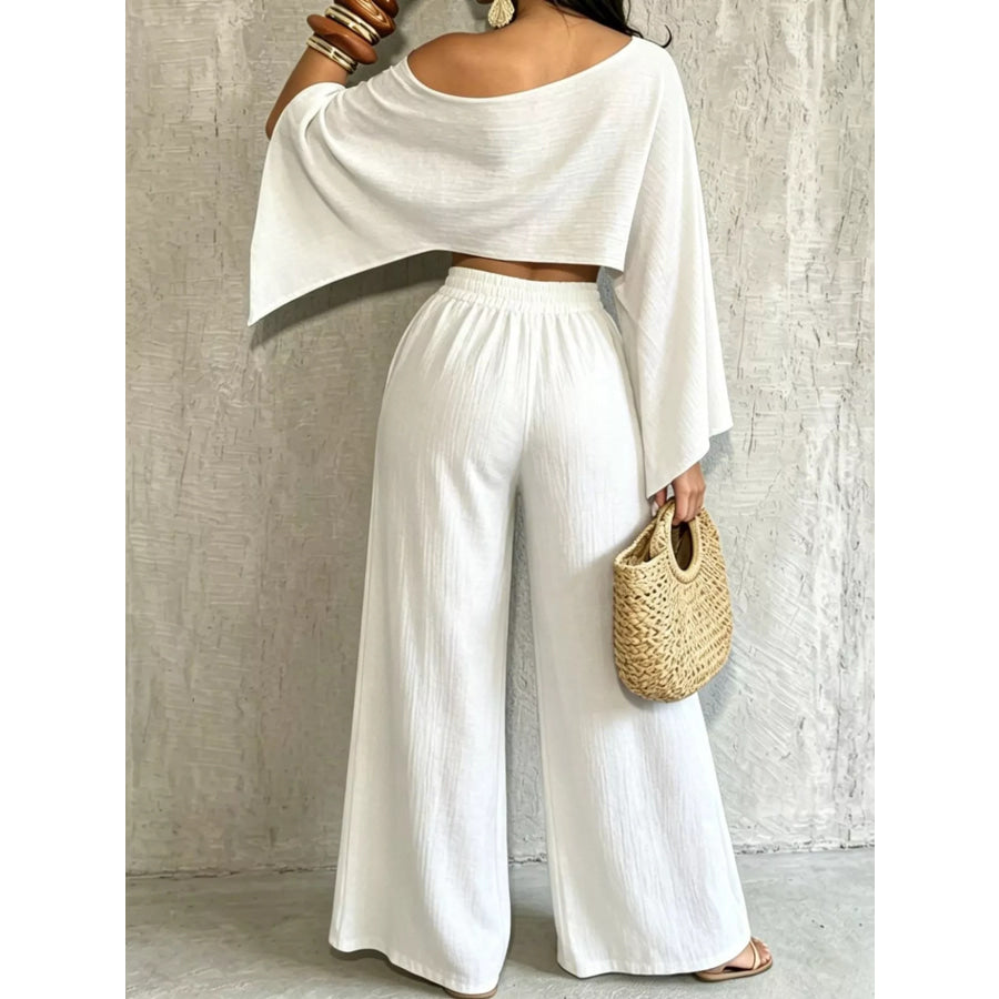 Boat Neck Crop Top and Wide-Leg Pants Set Apparel Accessories